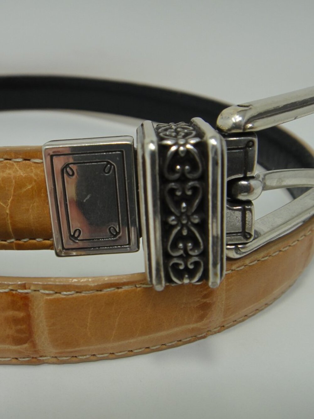 Brighton Black Tan Faux Croc Reversible Belt Silver Tone Buckle Size M 30